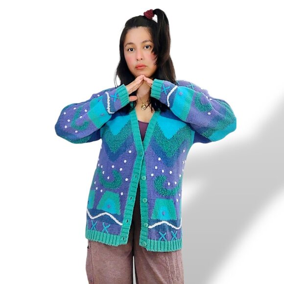 Vintage Sweaters - Secrets Sun Prints vintage 90's funk geo pattern chunky knit cardigan M